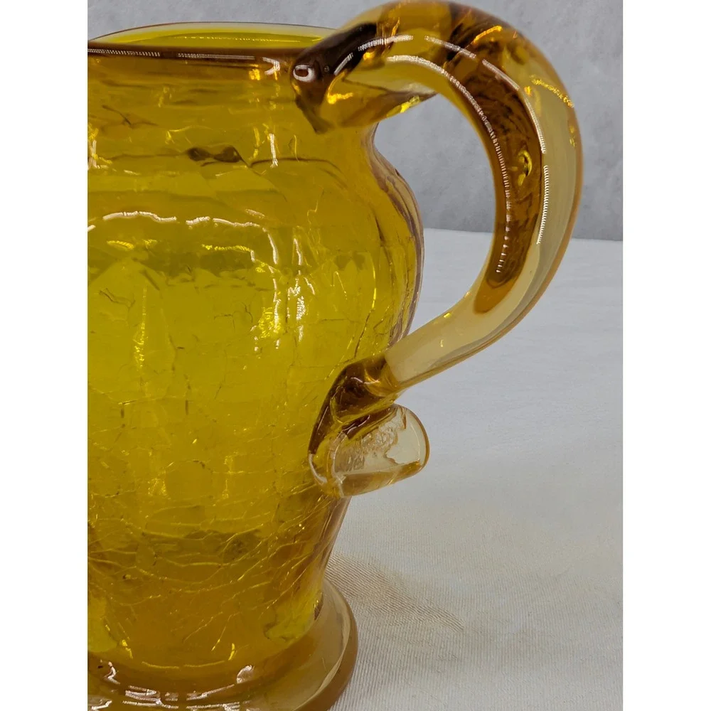 Kanawha Crackle Glass Mini Pitcher Amber Yellow Hand Blown MCM Art Glass 3.25in